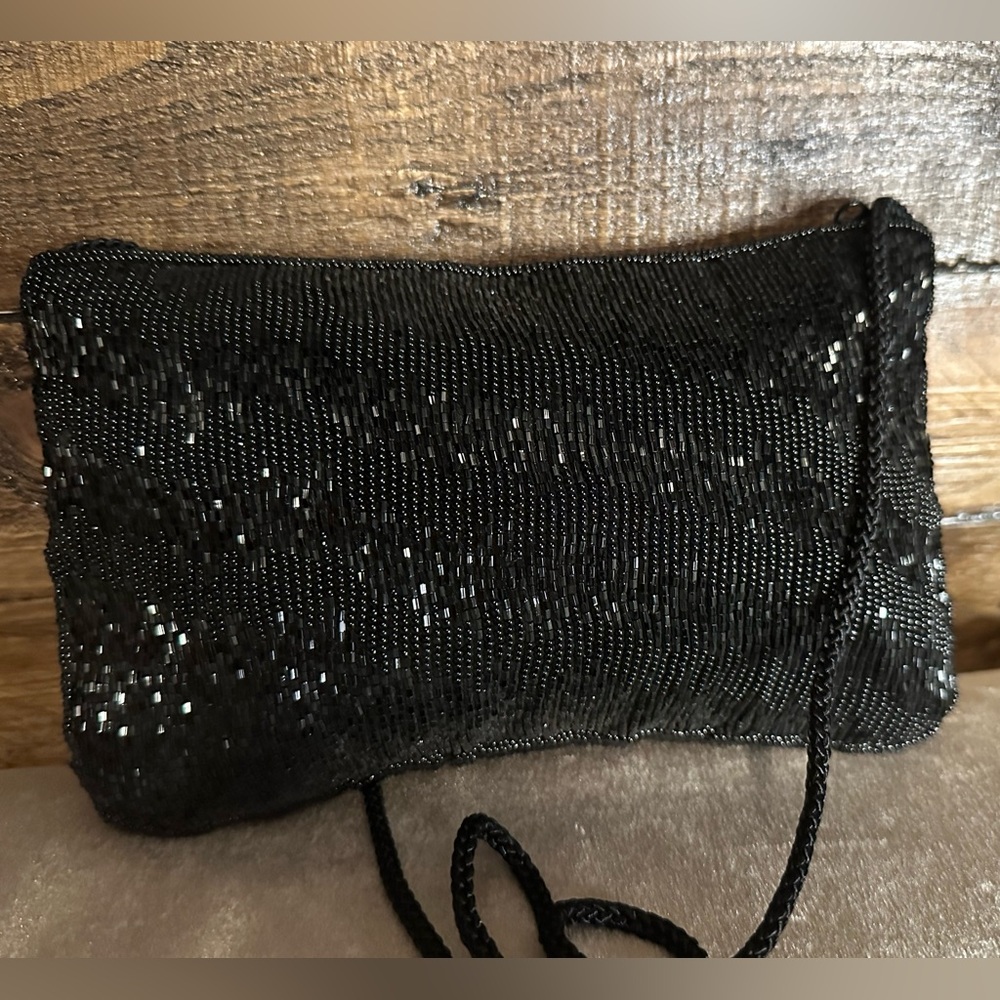Vintage Lord & Taylor black beaded crossbody clutch bag - Picture 2 of 3